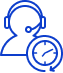 blue outline icon of a customer service person with a headset on and a clock indicating 24 hours