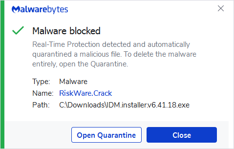 Malwarebytes blocks Riskware.Crack