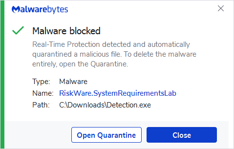 Malwarebytes blocks RiskWare.SystemRequirementsLab