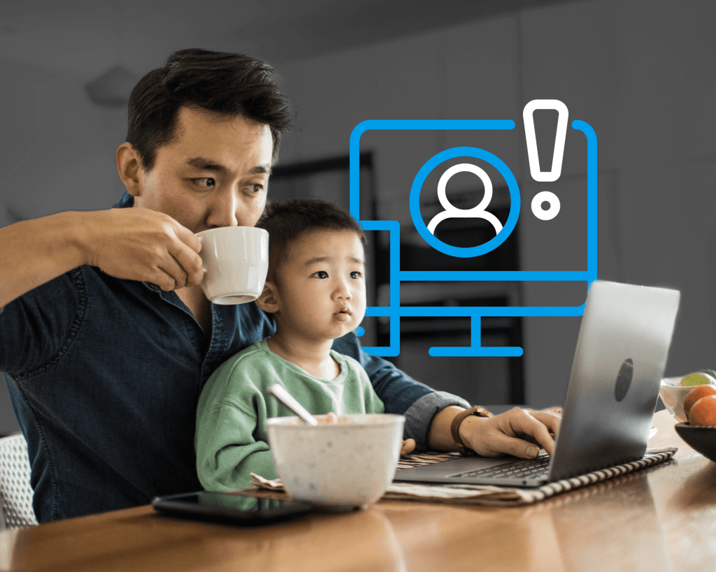 A man sits at a dining table and his young son is in his lap. They are looking at a laptop while icons of computer monitors and exclaimation points are in the background behind them to indicate monitoring and alerts.