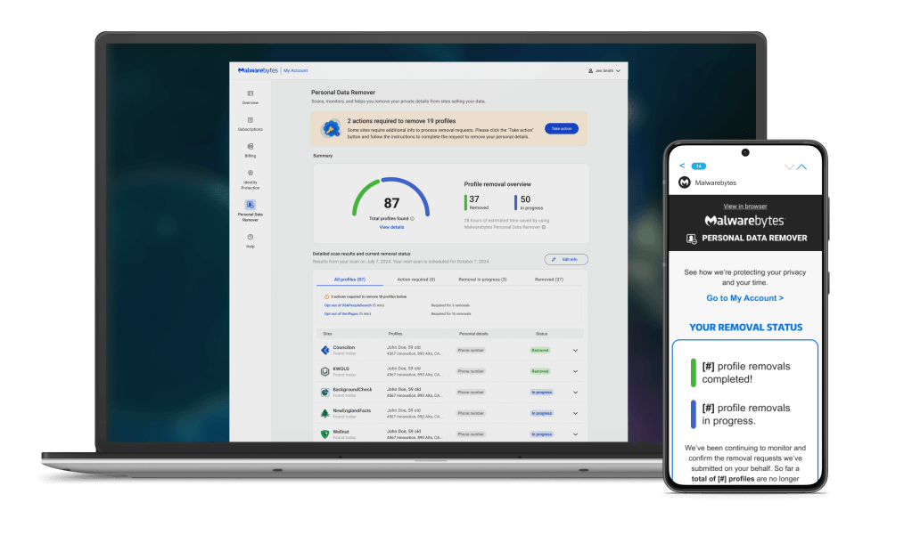 Image of a laptop on the left and a smartphone on the right. Each of them display features of the Personal Data Remover application