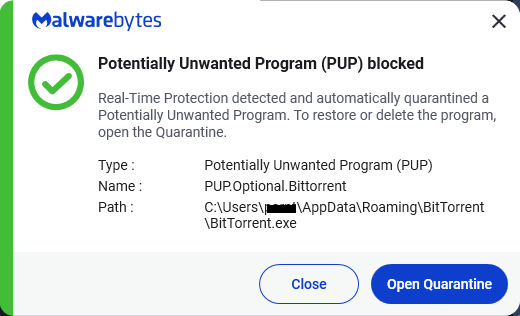 Malwarebytes blocks PUP.Optional.Bittorrent