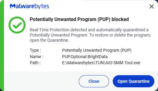 Malwarebytes blocks PUP.Optional.BrightData