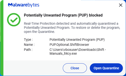 Malwarebytes blocks PUP.Optional.ShiftBrowser
