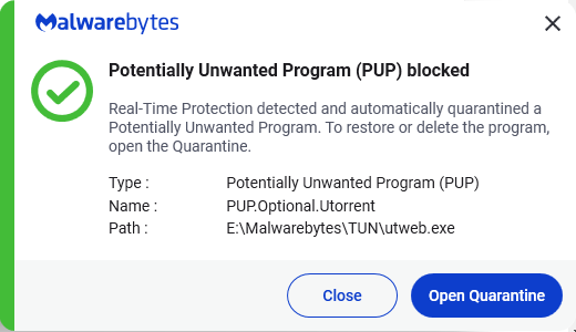 Malwarebytes blocks PUP.Optional.Utorrent