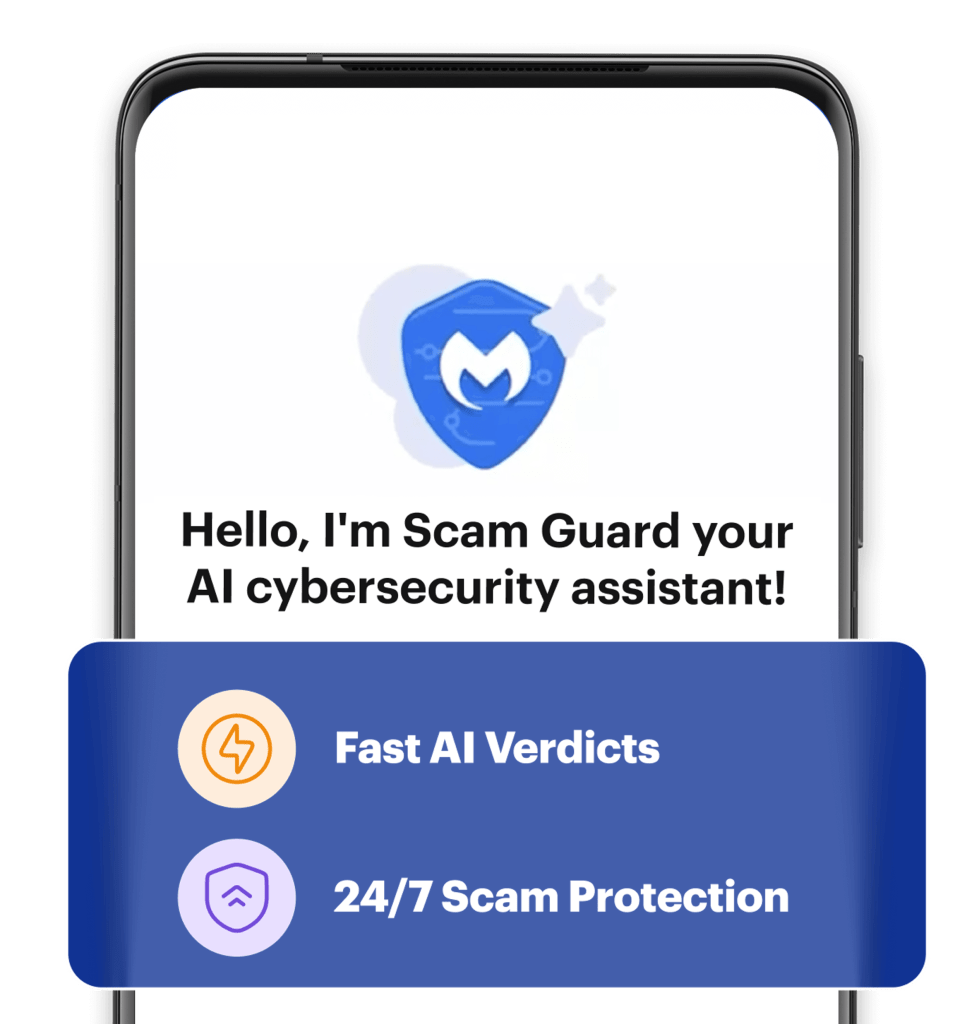 Mobile phone with instroduction to Scam Guard on the screen and the features of Fast AI Verdicts and 24/7 scam protection