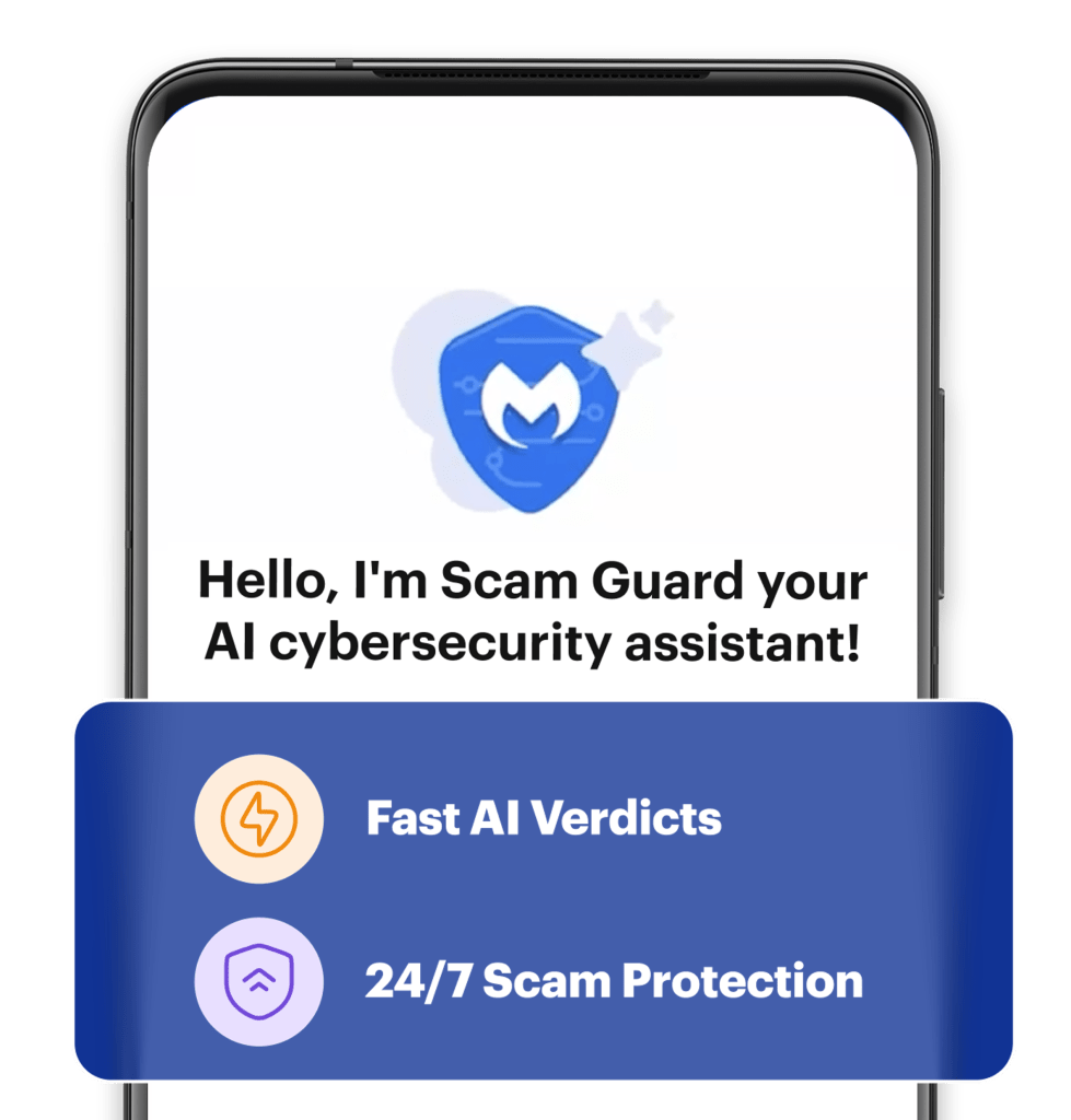 Malwarebytes Scam Guard interface on mobile phone with feature banner.