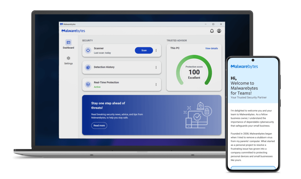 Generic laptop image with the Malwarebytes Teams product dashboard shown on the screen. To the right of the laptop is a generic smartphone showing an email welcoming the user to teams