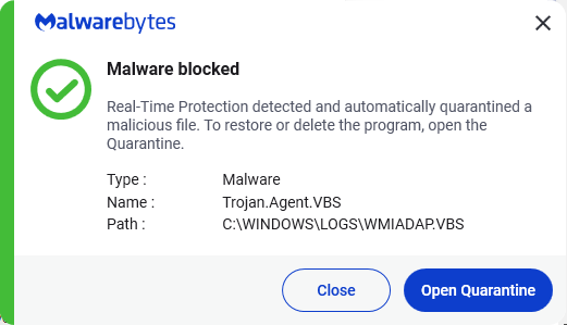 Malwarebytes blocks Trojan.Agent.VBS